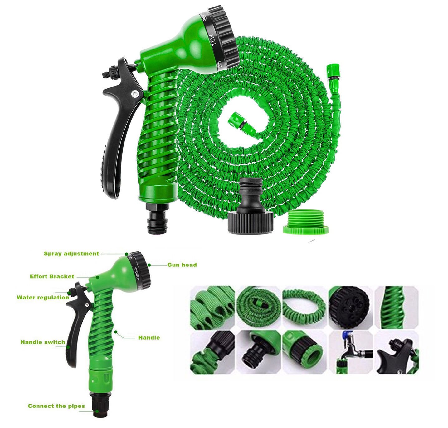 Green 100FT Expandable Flexible Garden Hose Pipe with Spray Gun Double Layer