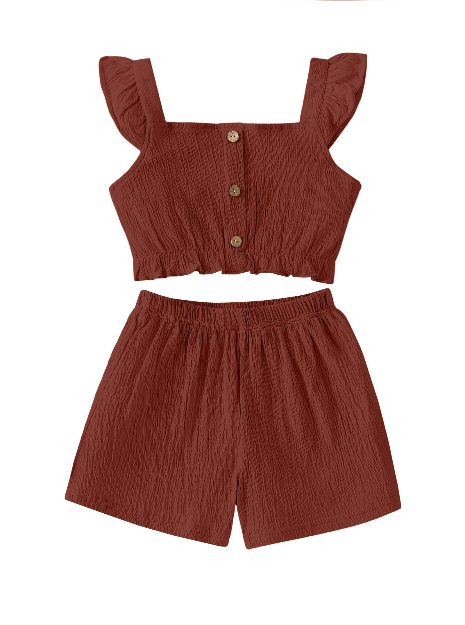 Girls Summer Outfits Textured Botton Front Flutter Sleeve Shirt Ruffle Hem Crop Top and Solid Shorts Sets Rust Red 13-14 Years