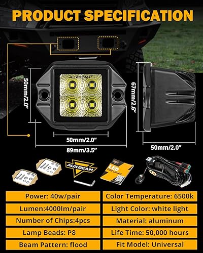 Miniatura 2 de Auxbeam Luces LED de montaje empotrado de 3.5 pulgadas, 40 W, cubo de 40 W, luz de respaldo de conducción blanca, haz de inundación, luz inversa con