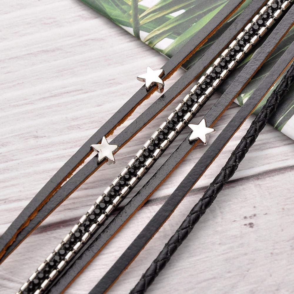 Lederarmband für Frauen, mehrschichtige Vintage Lederarmband Schwarz Bohemian Leder Surround Stars verschönerte Magnetschnalle Damen Mode Armband Personalisierte Kleidung Accessoires Schmuck Schmuck