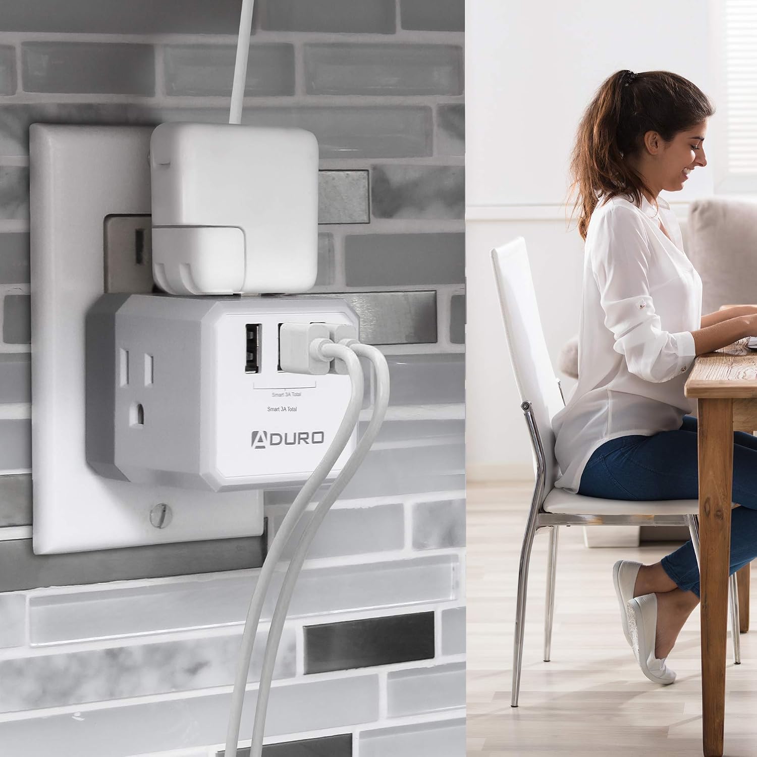 Aduro Multiple Plug Outlet Extender with USB Charger Surge Protector PowerUp Squared Wall Plug Expander Electrical Adapter with 3 Multi Outlets & 3 USB Ports (White)