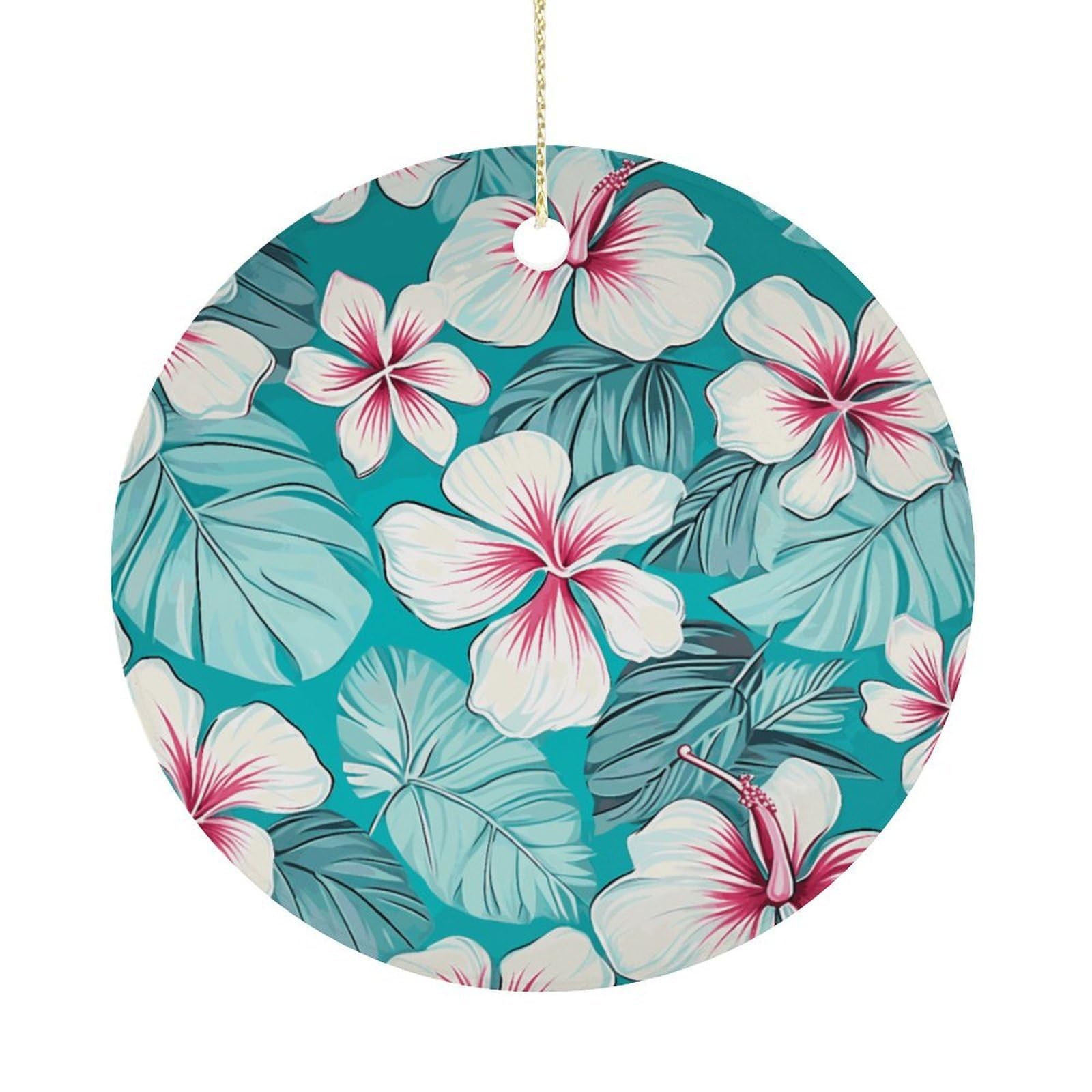 Tropical Hibiscus Flowers Christmas Ornament,Round Ceramic Ornaments Personalized Christmas Tree Ornament for Holiday Porcelain Keepsake Gifts Ideas Home Decor