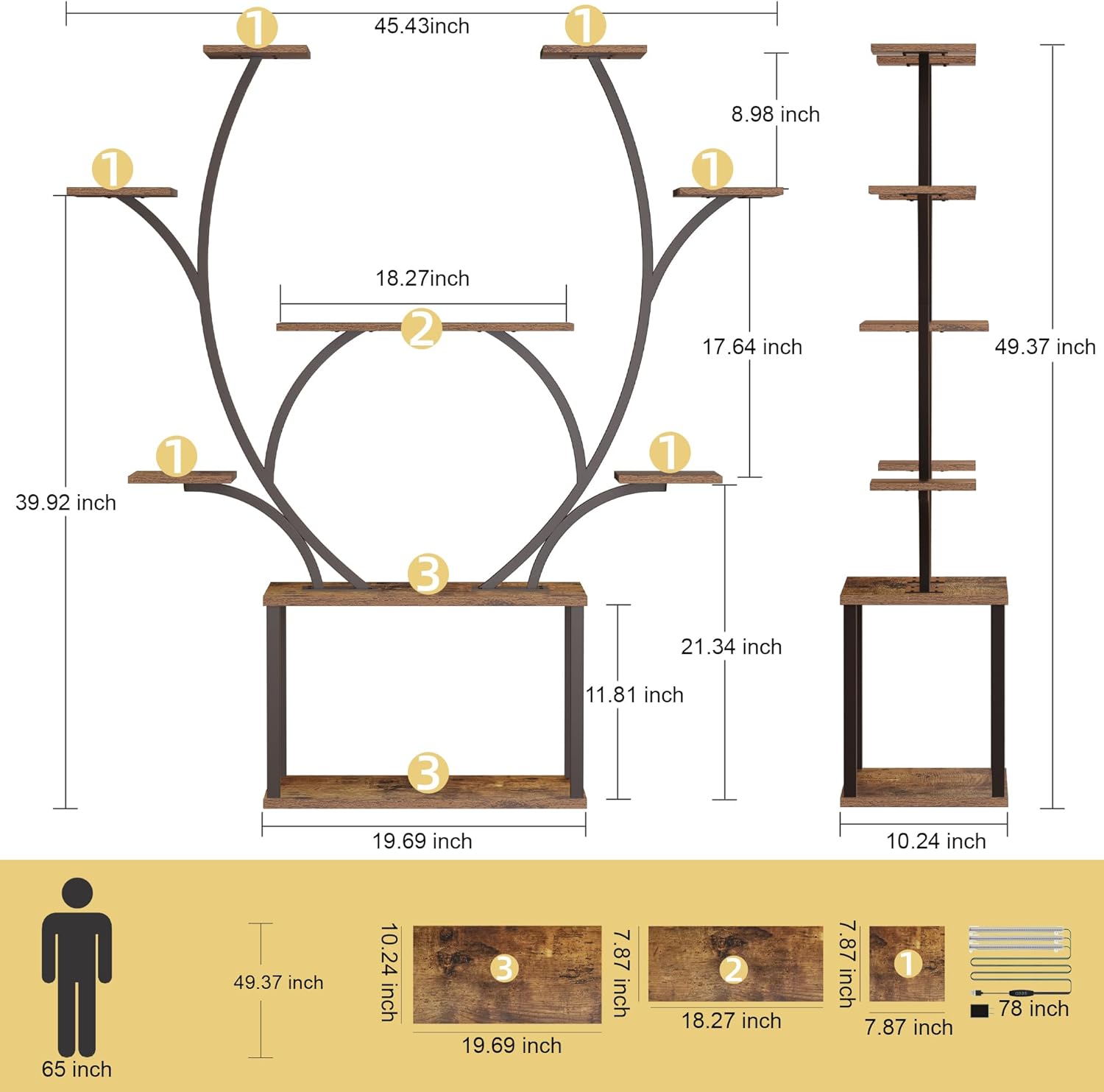 Plant Stand Indoor with Grow Light，49.2" Tall Plant Shelf，10 Tiered Indoor Plant Shelf，for Indoor Plants, Metal Plant Flower Display Shelves, Tree-Shaped Plant Rack for Home, Patio