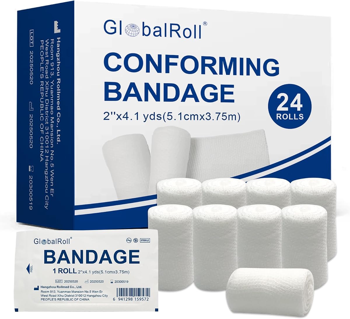 Stretch Gauze Bandage, Gauze Rolls 2'' x 4.1 Yards - 24 Rolls Individually Wrapped Conforming Stretch Bandage, First Aid Wound Care Rolls for Primary Wound Dressing Support