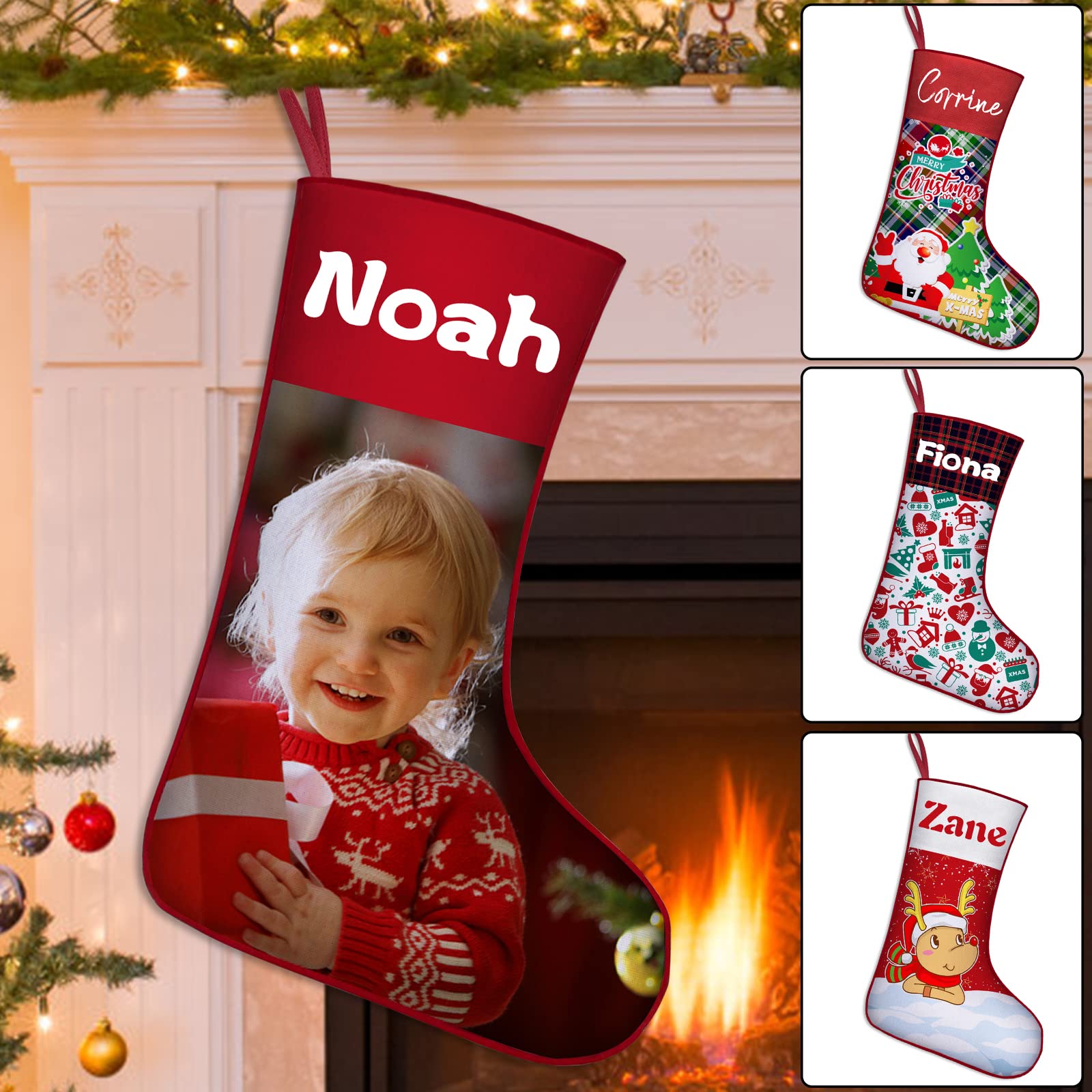 SIMIEEK Personalized Christmas Stockings with Photo Text, Xmas Stockings Gifts Customized Name for Christmas Indoor Fireplace Decorations