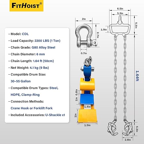 Miniatura 2 de Levantador de tambor de cadena  Abrazadera de tambor vertical de 2200 libras con gancho de autobloqueo  Equipo de manejo de tambor de capacidad de 1