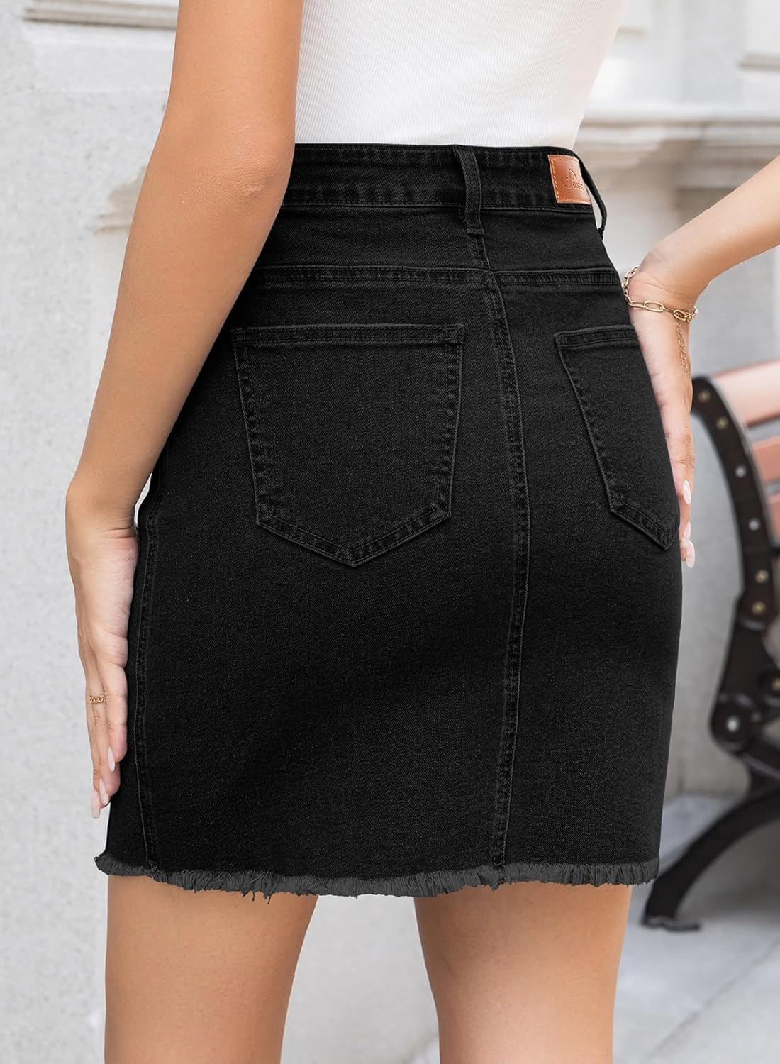 Sidefeel Women's Jean Skirt Stretchy Ripped Frayed Button Fly Summer Denim Skirt - Image 2