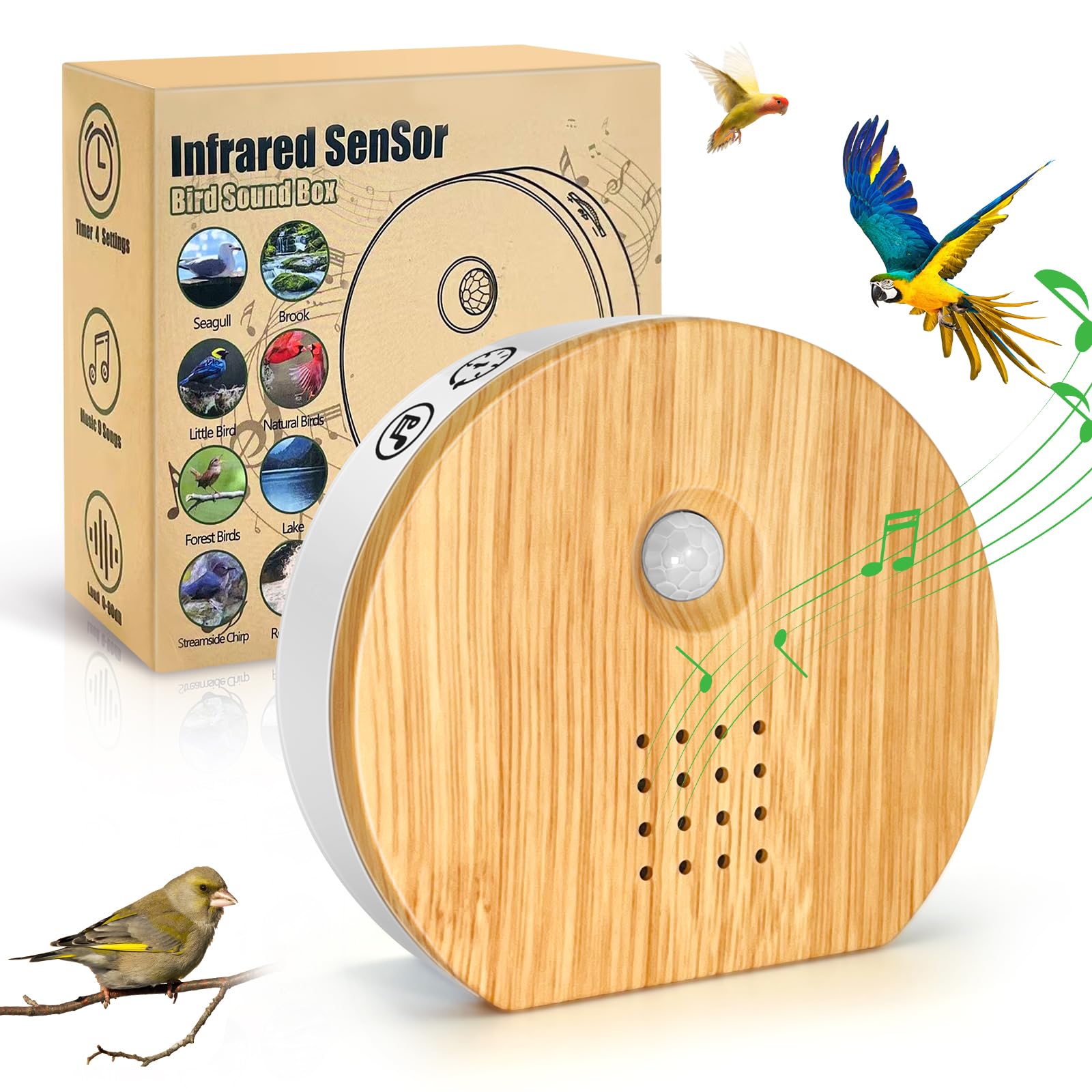 Singing Bird Box Original, Rodukee Portable Bird Chirping Box with Motion Sensor & Timer & 9 Soothing Natural Sounds, Birdsong White Noise Sound Therapy for Home, Spa, Baby, Travel Relaxing (0-90dB)
