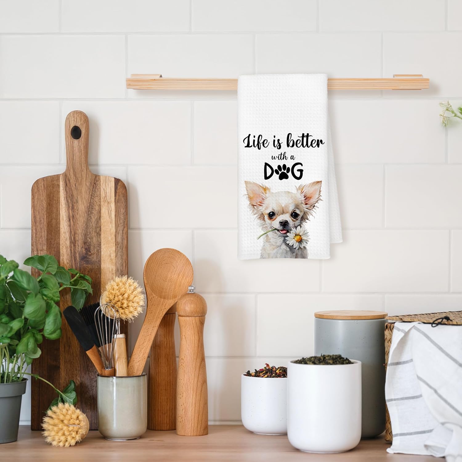 Chihuahua Dog Kitchen Towels, Chihuahua Gifts for Women Dogs Mom Lovers, Funny Life is Better with a Dog Decorative Hand Tea Dish Towel for Bathroom Kitchen Decor, 16x24 Inch - Image 2