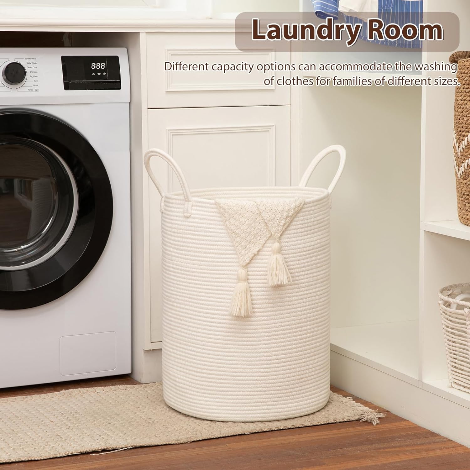 OIAHOMY Large Laundry Basket Hamper - 60L Cotton Rope Woven Basket for Blankets, Toys, Clothes - Tall Decorative Nursery Hamper with Long Handles, White
