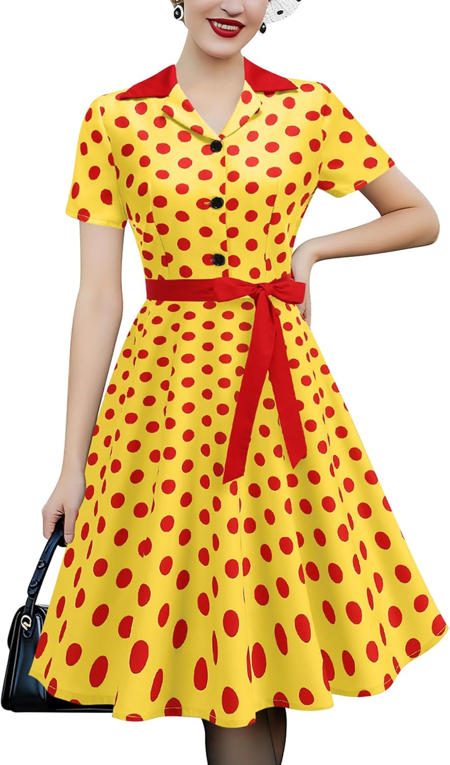 ODIZLI Women's 1950s Retro Dress Short Sleeve Polka Dot Ruffle Dress with Belt Cocktail Rockabilly Dresses