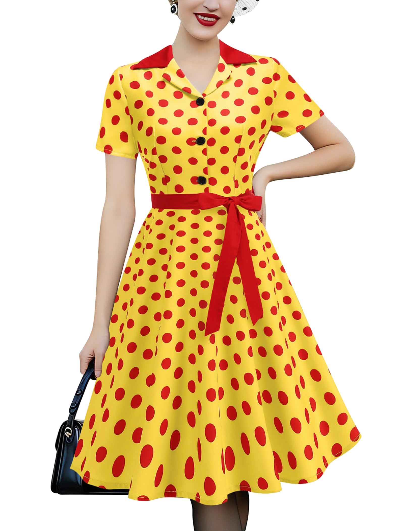 Robe rockabilly vintage années 50 pour femme - Manches courtes - À pois - Robe swing - Robe de cocktail - Longueur genoux - Robe midi avec ceinture