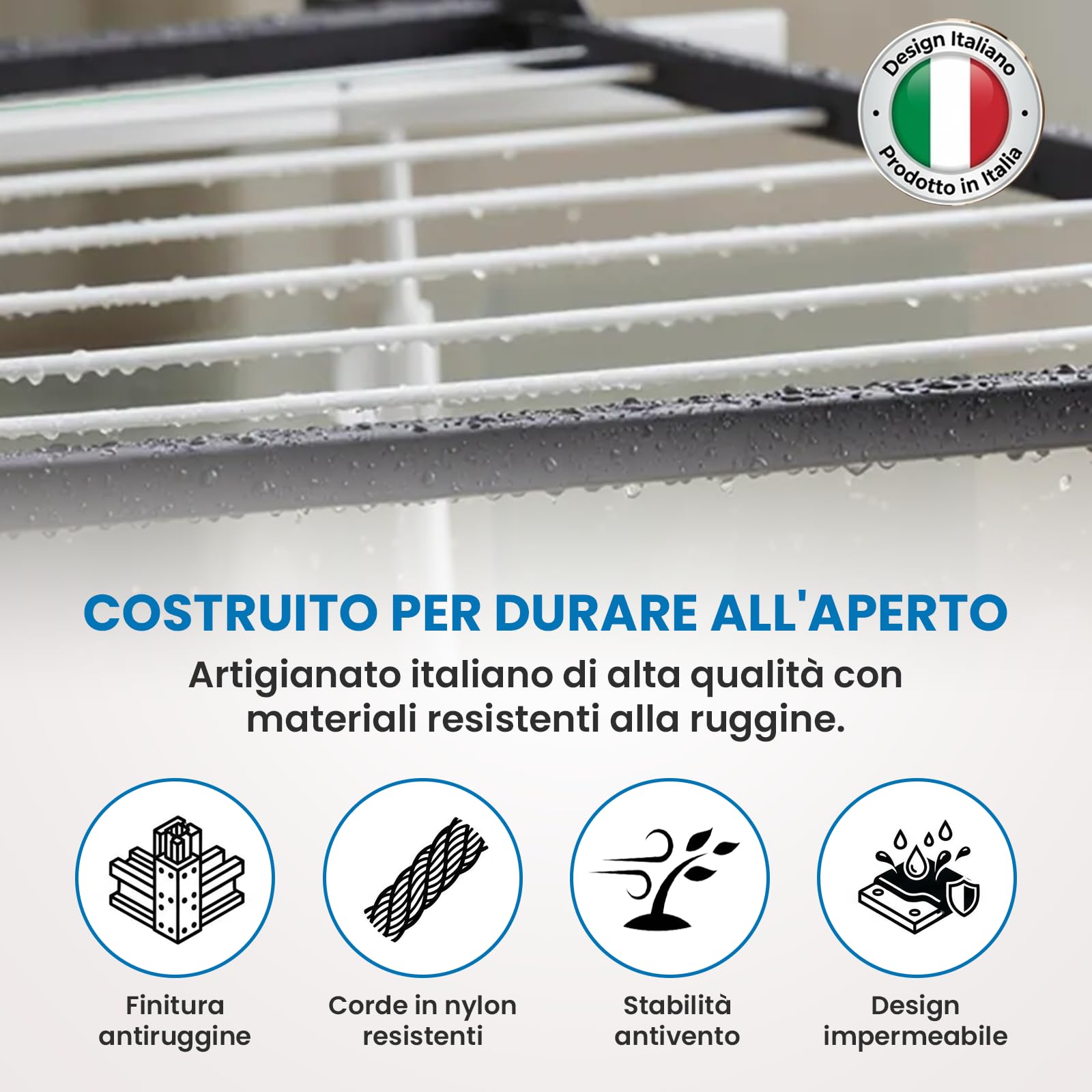 Flo.mar Stendino da Balcone e Parete 150x70 cm - Kit Montaggio Incluso - Stendibiancheria da Esterno Ribaltabile e Salvaspazio in Alluminio - 8 Cavi in Nylon - Stendipanni a Scomparsa (Flip)