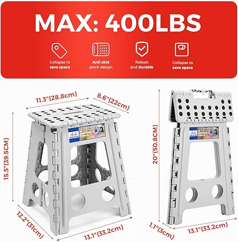 Miniatura 156 de Acko. Taburete plegable de 13 pulgadas de alto, resistente, para niños y adultos, cocina, jardín, baño, taburete con escalón. Blanco,Negro