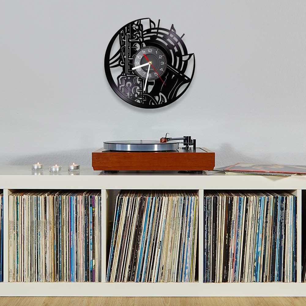 Zegar ścienny LED z instrumentem muzycznym saksofonem, zegar ścienny z płytą winylową z 7 zmieniającymi się kolorami, cichy, nietykający, klasyczna muzyka jazzowa, zegar ścienny do pokoju