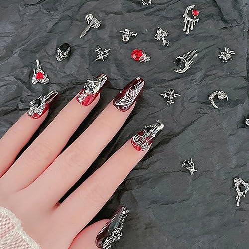 Miniatura 3 de 22 dijes de uñas de Halloween de aleación 3D, dijes de arte de uñas 3D, diamantes de imitación negros y rojos, suministros de uñas, esqueleto,