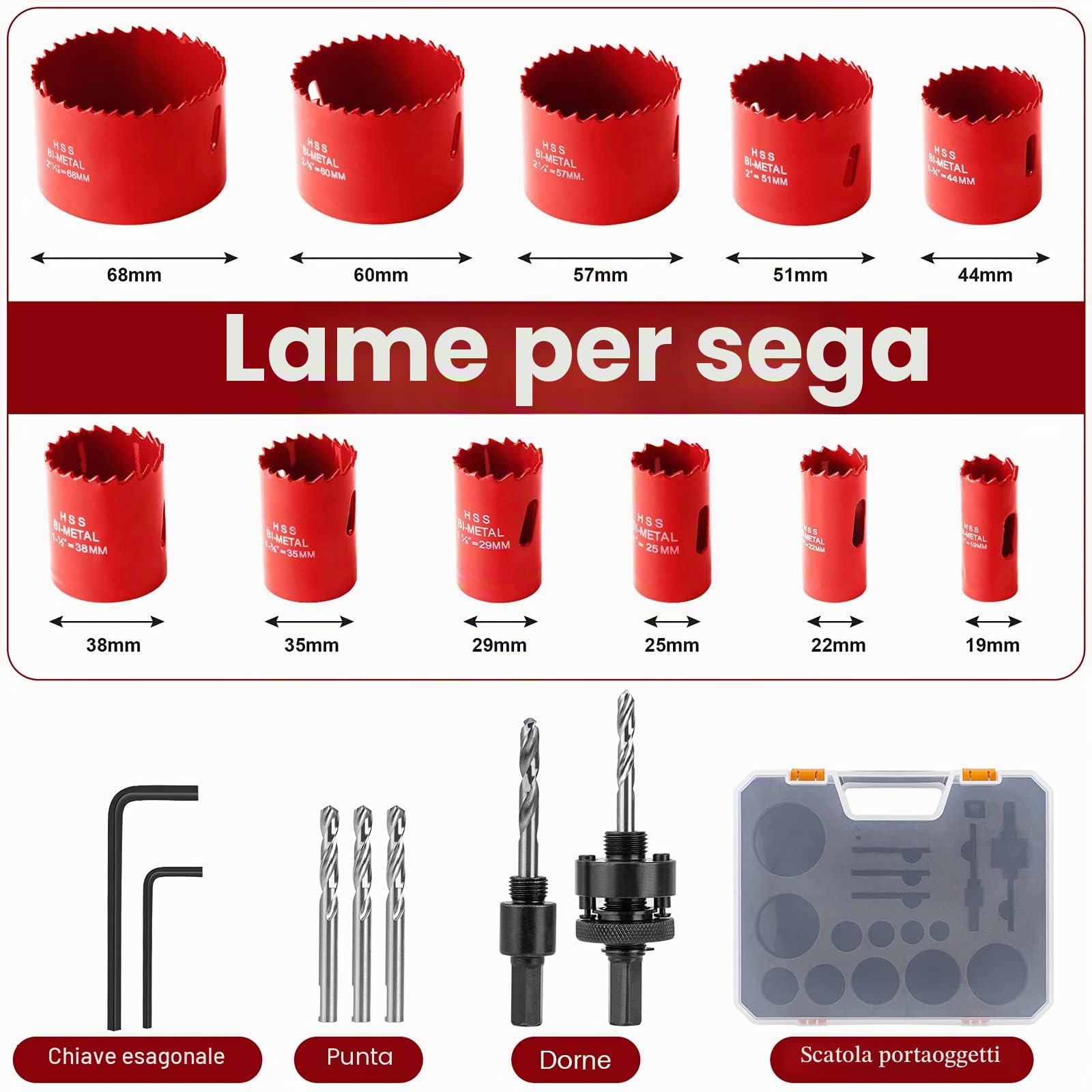 Sega a tazza bimetallica 17 pezzi con 11 lame per sega da 19 a 68 mm con 2 aste, 3 trapani, 1 chiave esagonale per alluminio, legno, piastra in PVC e piastra in plastica