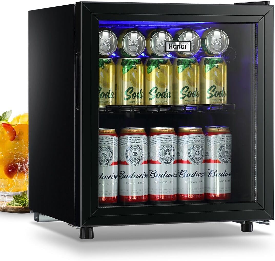 Beverage Refrigerator Cooler 60 Can Mini Fridge Glass Door for Beer Drinks Wines Juice, Adjustable Shelves Blue LED Lights and User Friendly Temperature Knob for Home Office Dorm Bar 1.6 Cu. Ft