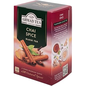 Ahmad Tea - Chai Spice - Black Tea with Ginger Cinnamon and Cloves - Individually Wrapped Aroma-Sealed Tea Bags with 2g Tea per Serving - 20 Tea Bags with Ribbon