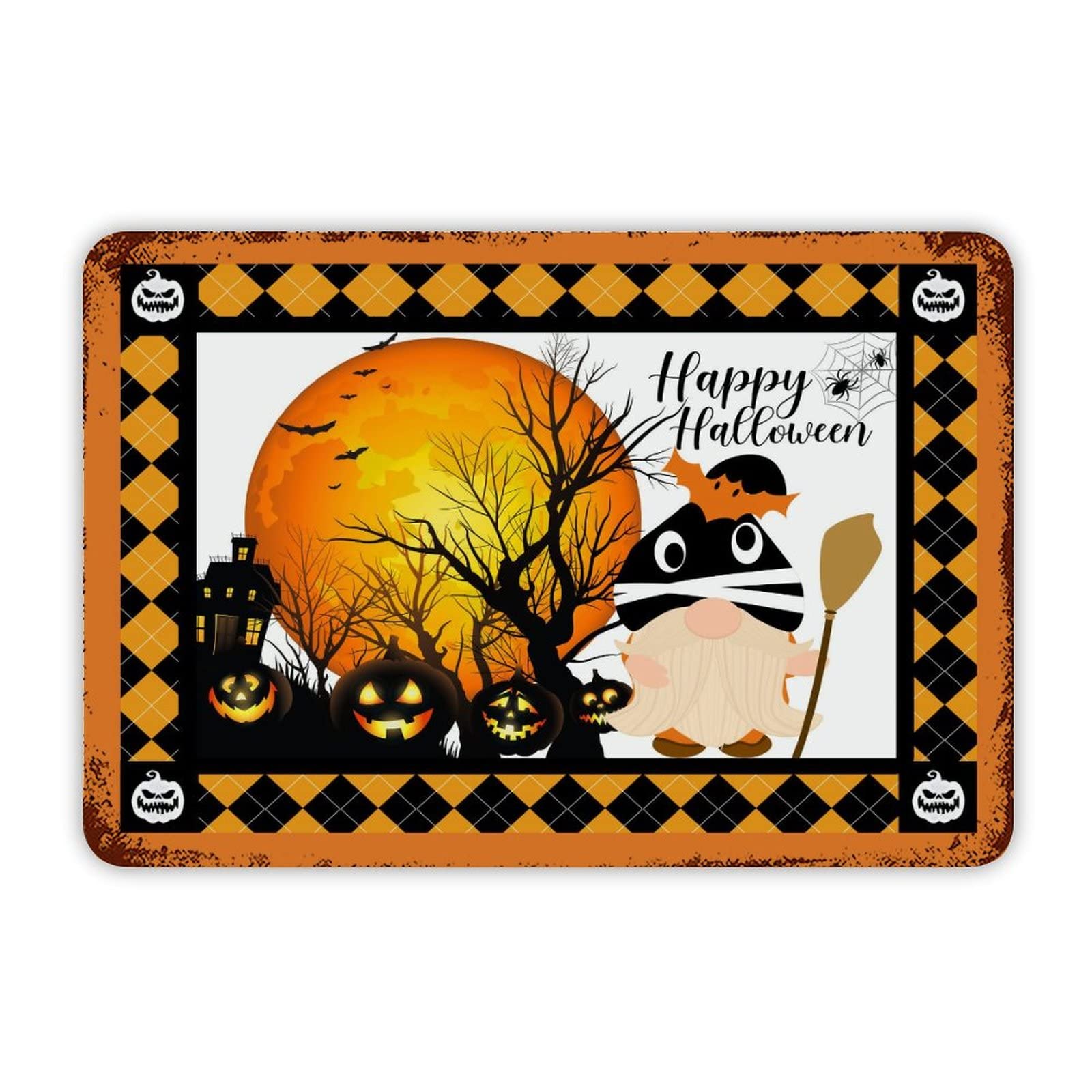 ENEDNATE Happy Halloween Gnome Black Cat Bat Spider Ghost Pumpkin Aluminum Tin Sign 8x12 Inch Waterproof Vintage Metal Sign for School Office Classroom Gate Garage Garden Home Wall Decoration Gifts