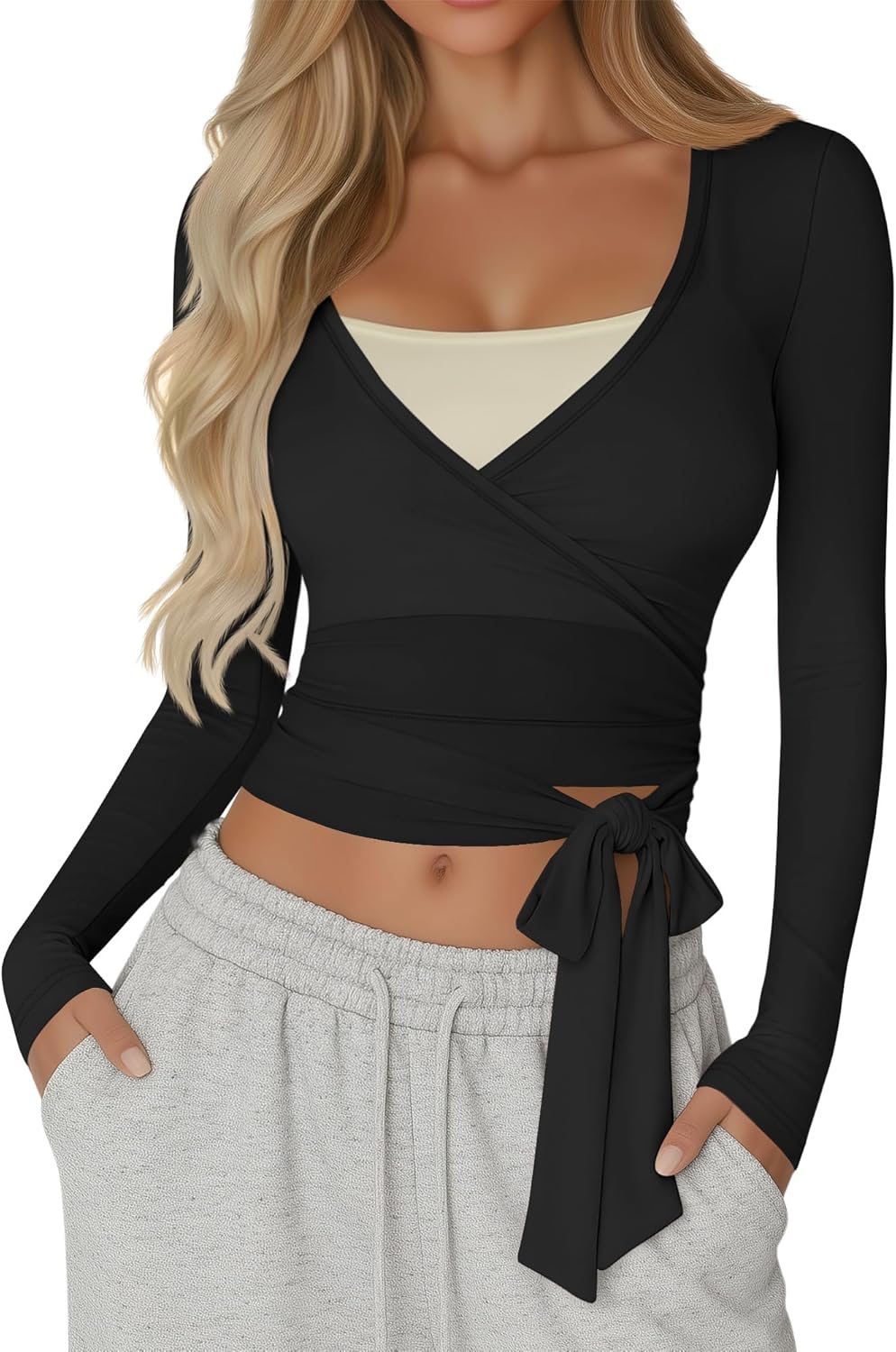 Women Wrap Tie Tops Lightweight Slim Fit Ballet Pilates Yoga Workout Active Shirts Long Sleeve V Neck Casual Tees(Black,X-Large)