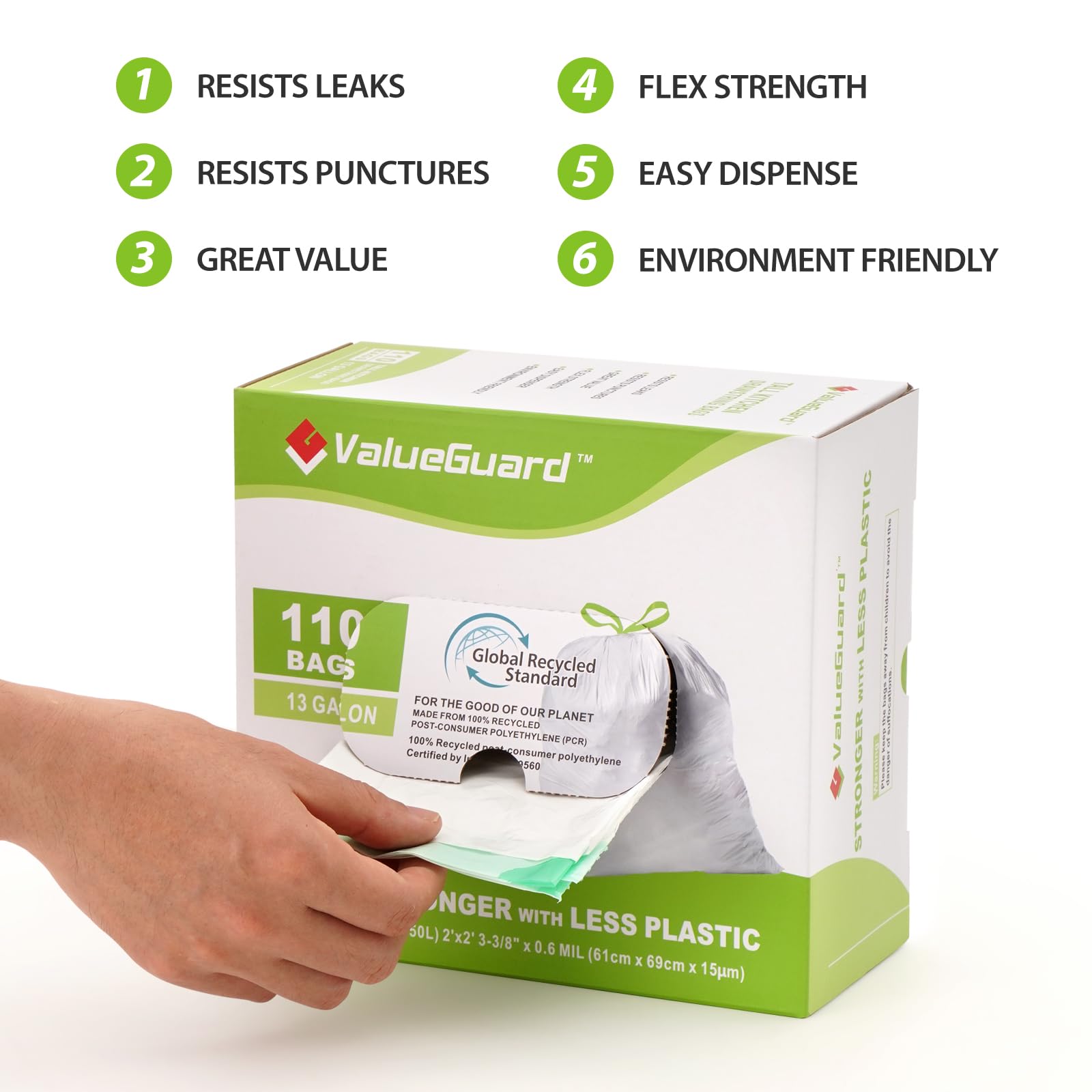 ValueGuard Bolsa de basura grande de 13 galones, ultra fuerte, con cordón alto, reciclada, estándar, para cocina, oficina, 0.6 mil (110 unidades)