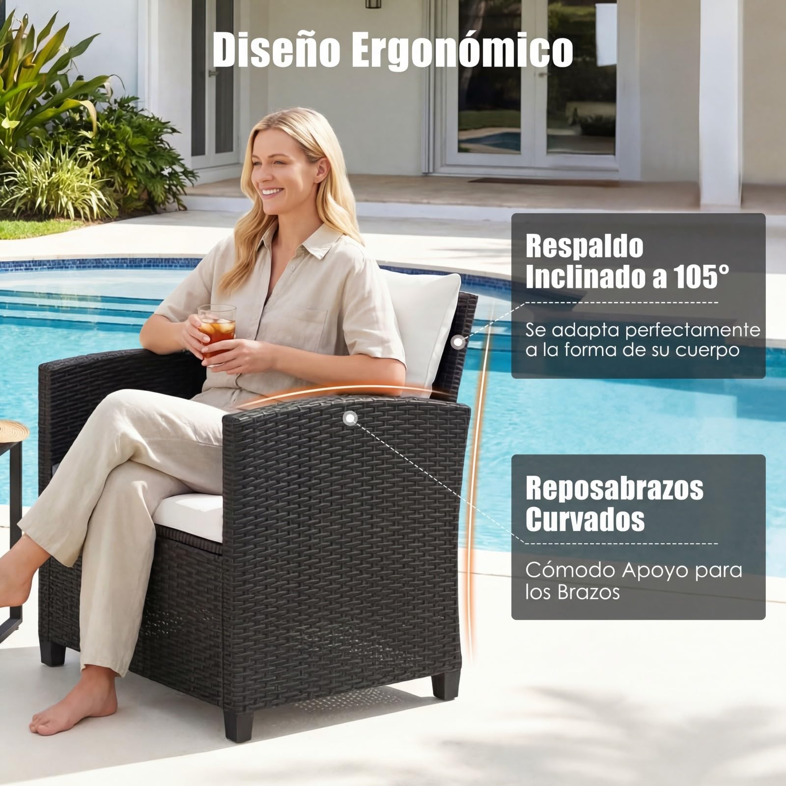COSTWAY Conjunto Mesa y Sillas Jardin de 3 Piezas, Conjunto de Conversación de Ratán PE con 2 Sillas,Mesa Auxiliar de Vidrio Templado y Cojines con Funda Desmontable para Terraza Patio (Negro+Beige)