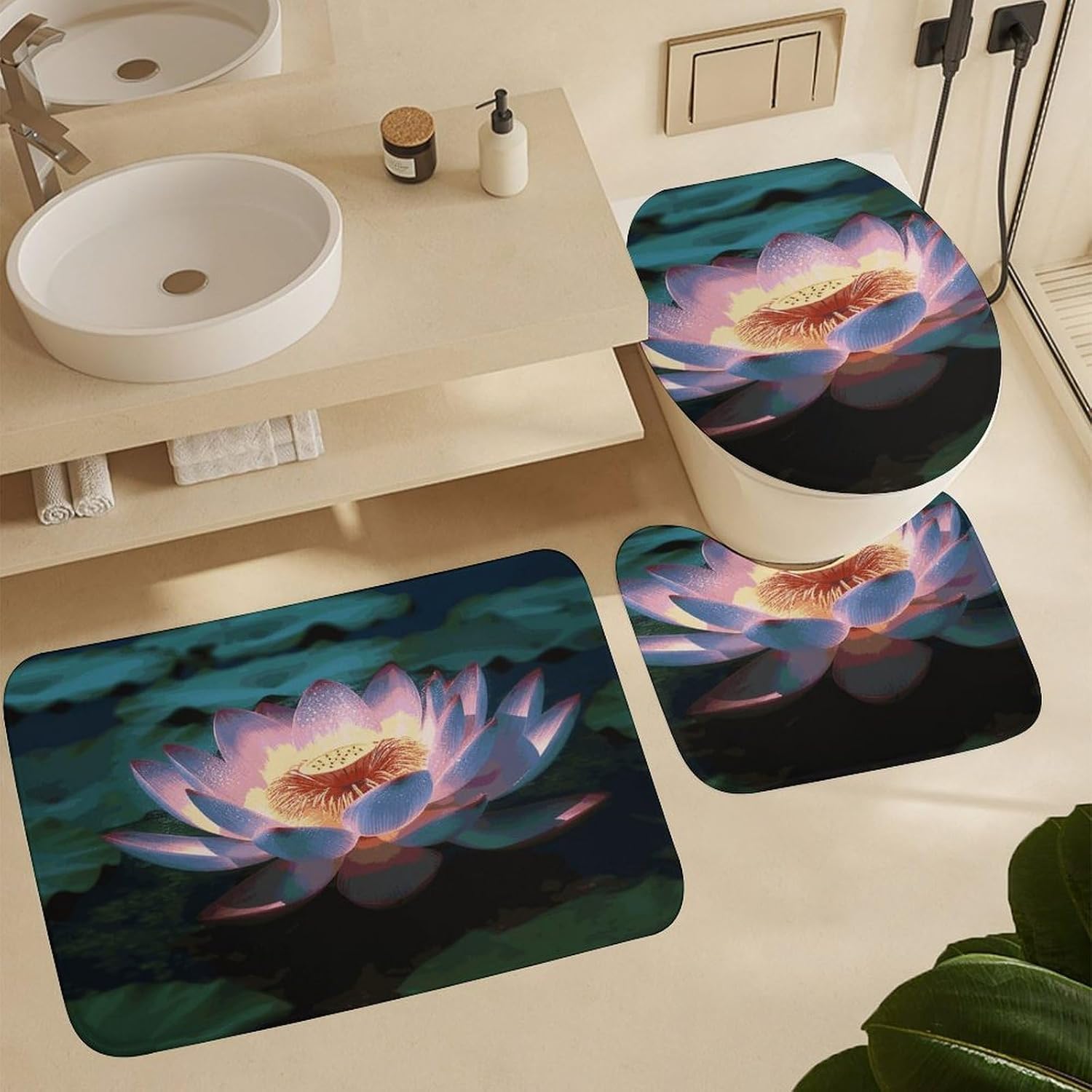 Lotus Flower Bath Rug Set 4 Piece,Bathroom Accessories Set-Toilet Rugs U Shaped,Toilet Lid Cover,Shower Curtain and Rugs,Ultra Soft, Absorbent,Home Decor
