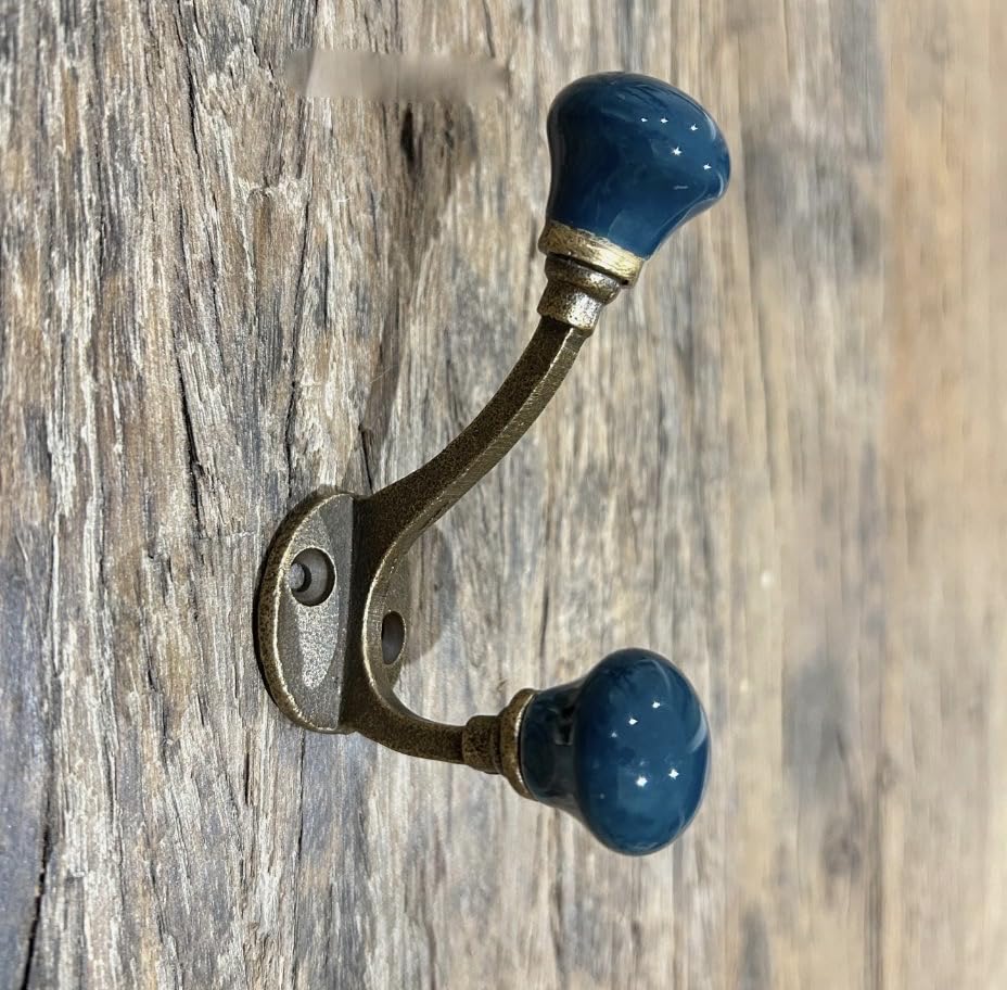 Knobs By Blossom Antique Brass Ceramic Knob Hooks (Small Blue)