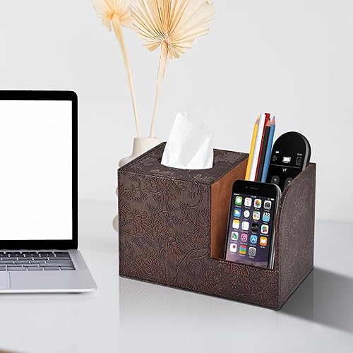 Miniatura 3 de Caja de pañuelos de piel sintética, cuadrada, multifuncional, soporte para caja de pañuelos de baño, organizador con 2 compartimentos, soporte para