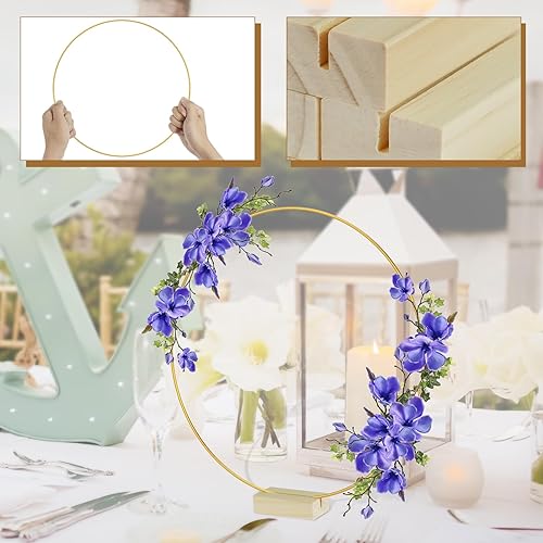 Miniatura 5 de 10 piezas de centro de mesa de aro floral de metal de 12 pulgadas con 10 soportes de madera, juego de decoración de anillos de corona de metal,