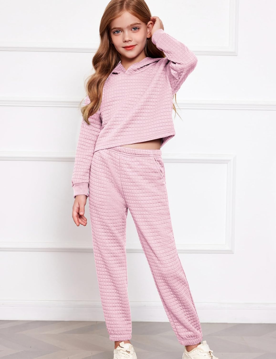 Arshiner Girls 2 Piece Outfit Waffle Knit Pullover Hooded Sweatshirt and Sweatpants Clothing Sets Long Sleeve Tracksuits - Image 6