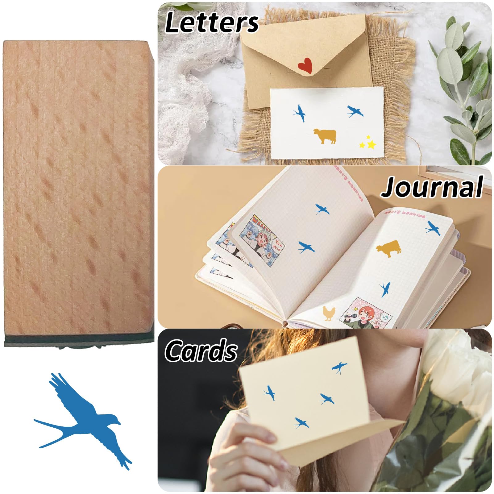 Mini Sellos de Madera Pequeño Sello de Goma de Pájaro 3/5 Pulgada Patrón de Golondrina Cuadrado Pequeño Sello de Madera Reutilizable para Manualidades DIY Tarjeta Scrapbooking Álbumes