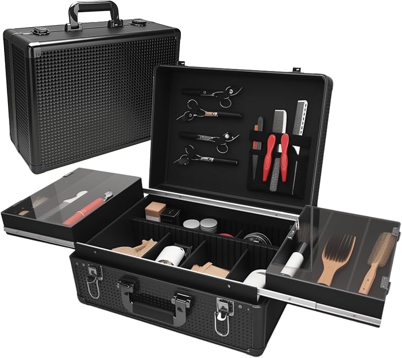 Estojo de viagem QIPOKAN para barbeiro com 3 camadas, bandeja deslizante e trava, 43,18 x 34,04 x 19,05 cm, BAR-01