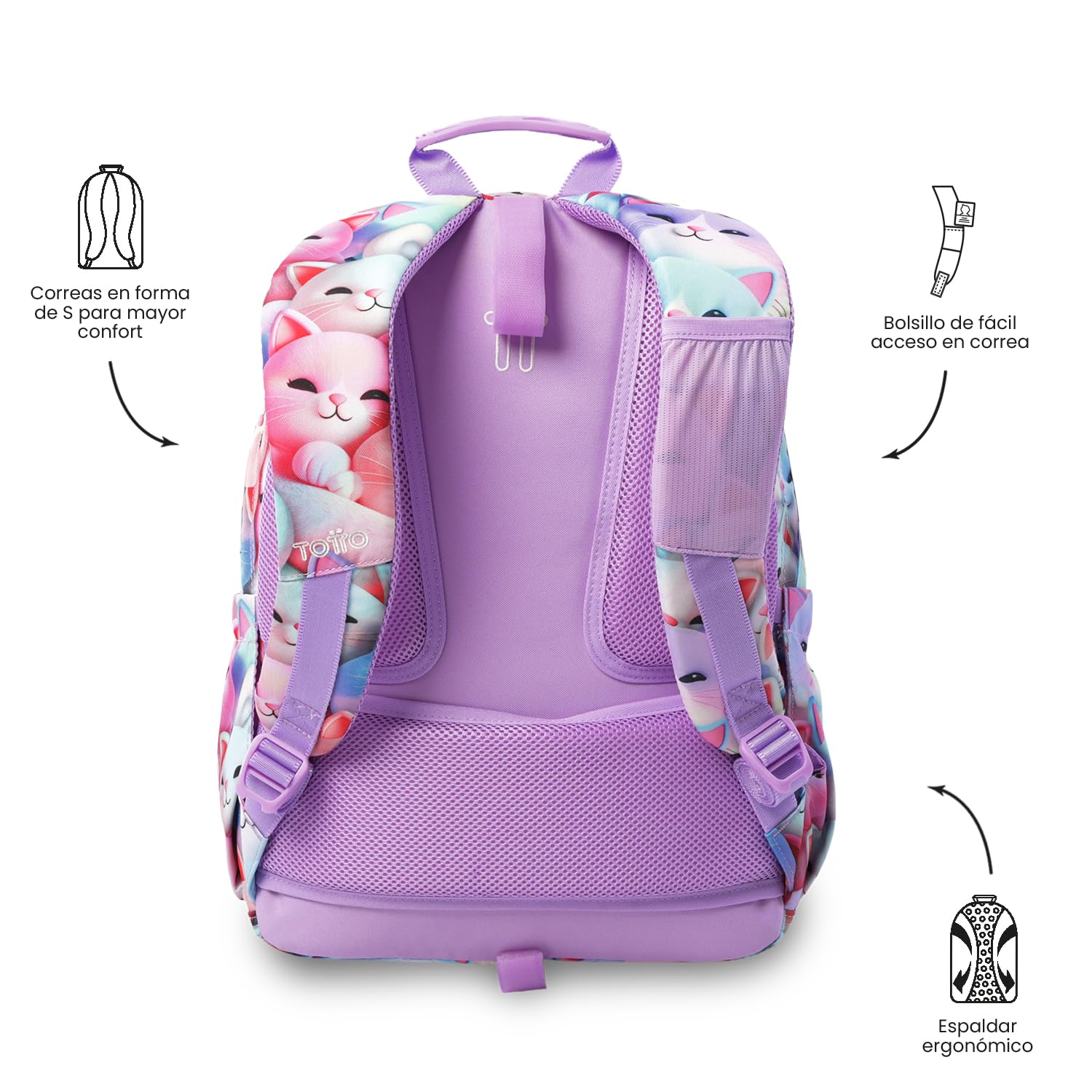 TOTTO - Mochila Escolar Adaptable a Carro, Modelo Acuareles, Capacidad 20 L, Bolsillo Pc 14", Bolsillos Botella, Espaldar Ergonómico con Flujo de Aire, Cómodas Correas en S, Estampado Mewsy 3D