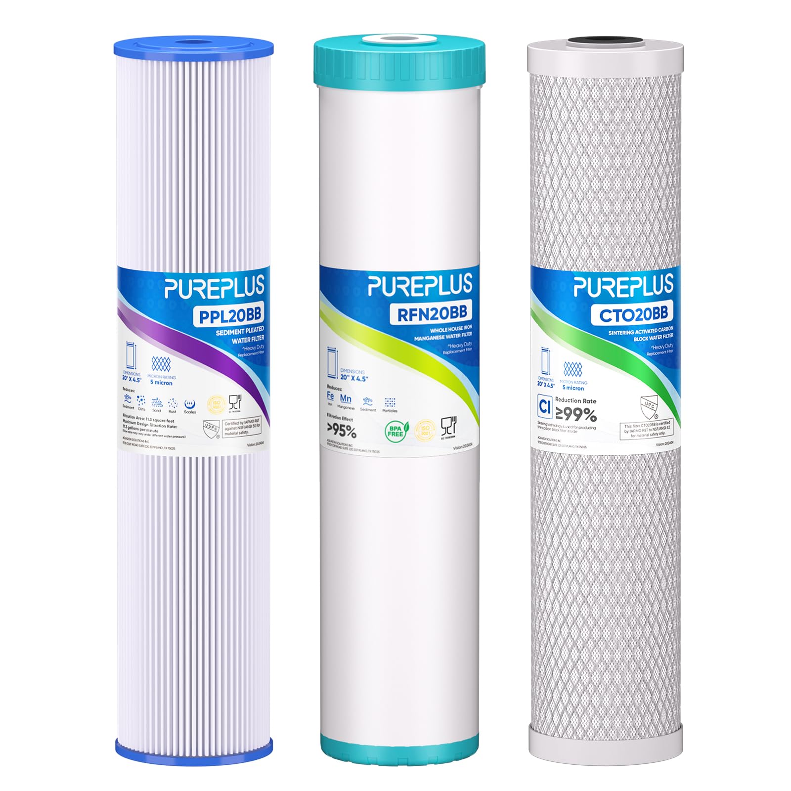 PUREPLUS Kit combinado de cartucho de filtro de agua de 3 etapas de 4.5 x 20 pulgadas con sedimentos plisados, reducción de hierro y manganeso y filtro de bloque de carbón activado, kit de repuesto de