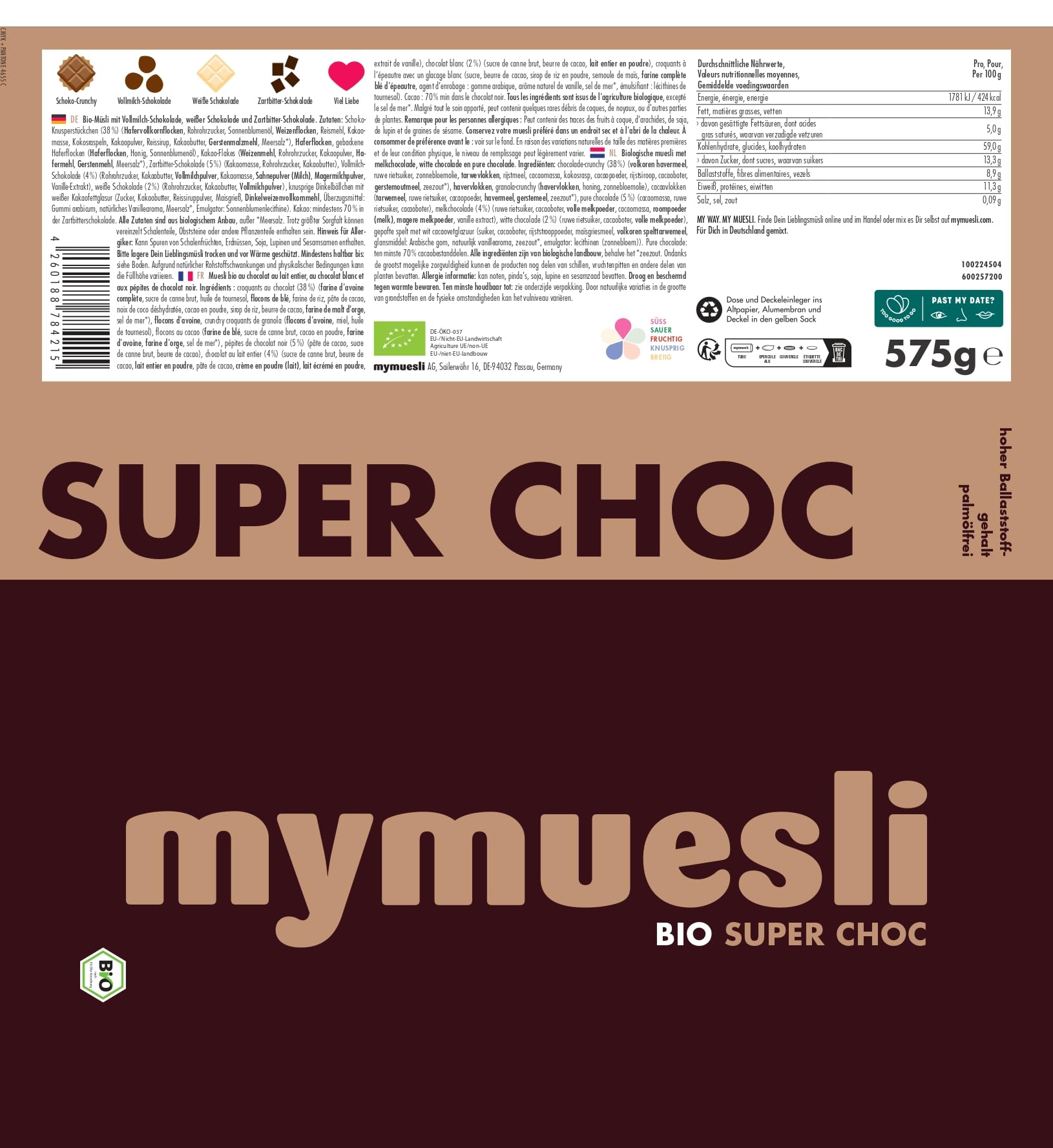 mymuesli 6er Schoko-Mix BIO Müsli (6x 575g) mit Chocolate, Super Choc, Choco Brownie, Choco Banana, Berry White Choc und Raspberry Dark Choc - Ohne Palmöl