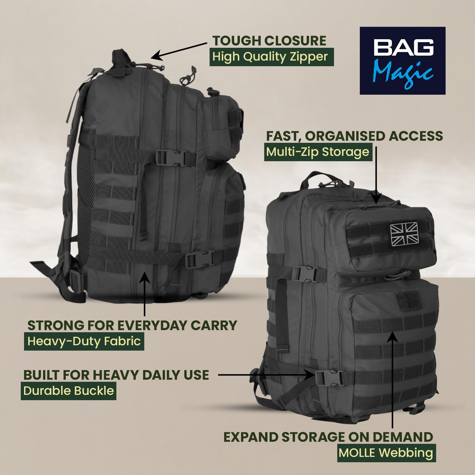 Military Tactical Backpack 21L – Heavy Duty Multi-Pocket MOLLE Rucksack with 180° Opening, Padded Breathable Back Panel, Adjustable Straps & Durable Zip Storage for Travel, Gym & Outdoor Use – Black - 3