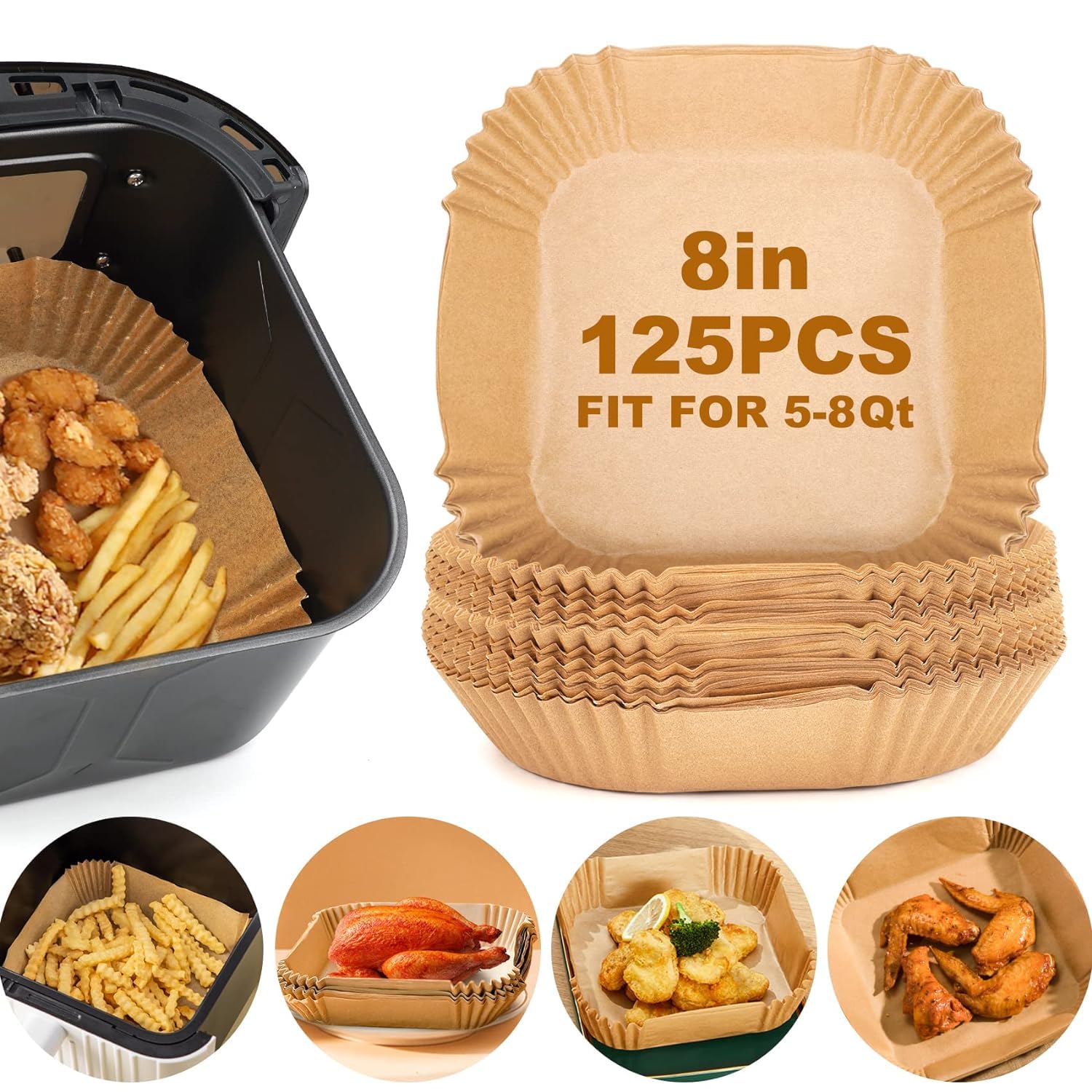 RKK Air Fryer Paper Liners,125Pcs Parchment Paper, Air Fryer Disposable Paper Liner for Microwave, Non-Stick Air Fryer Liners Square Free of Bleach (8IN) (B0D637GDXC) Amazon Price History, Amazon Price Tracker