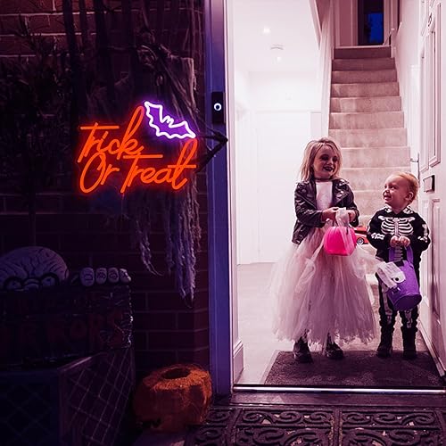 Miniatura 6 de Letrero de neón de truco o trato, luces de neón para decoración de pared, decoraciones de noches de terror de Halloween, con interruptor regulable,