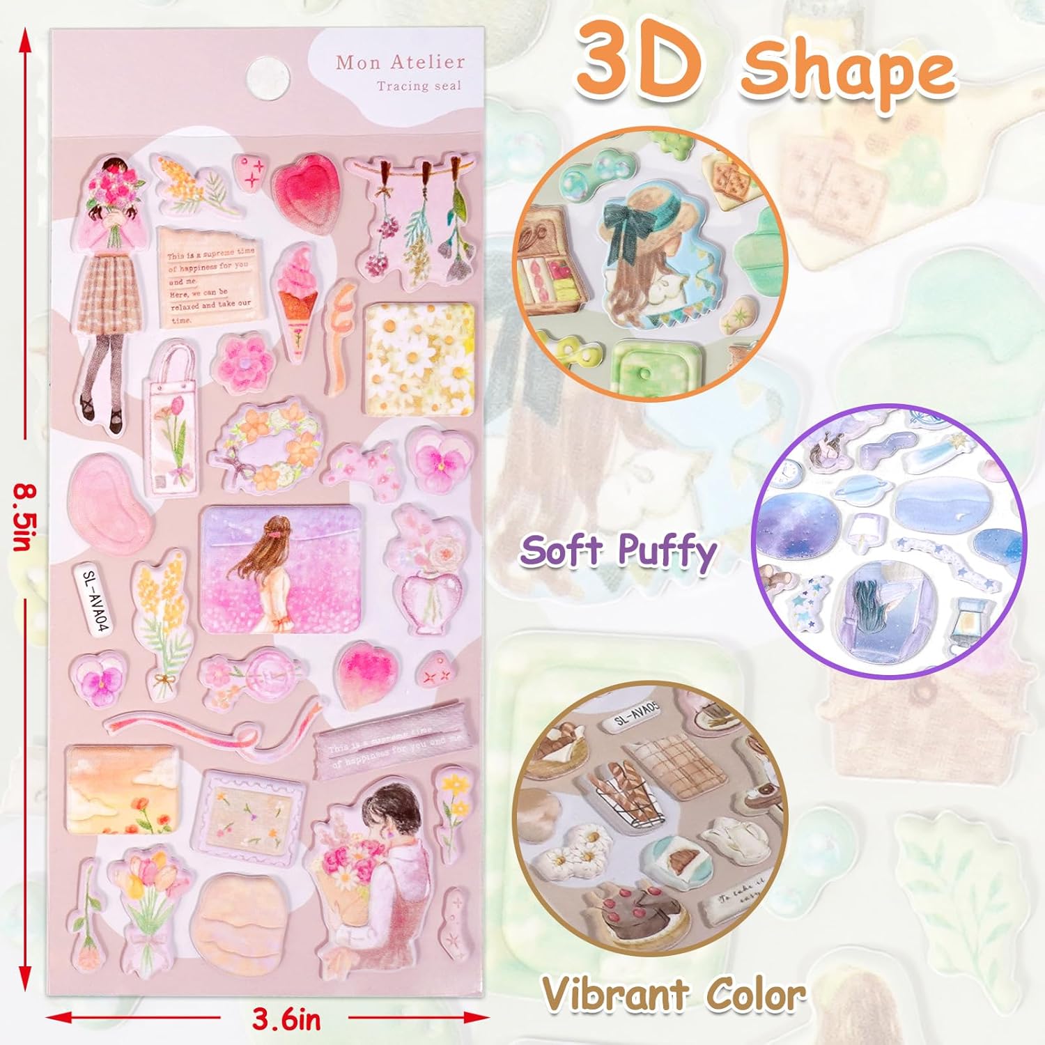 Retro Puffy Aesthetic Stickers for Kids Girls Adults - Cute 3D Japanese Stickers for Phone Case, Puff Flower, Makeups, Fashion, Food, Boho Pink Green Blue, Reusable Trendy Sticker - 6 Pack.