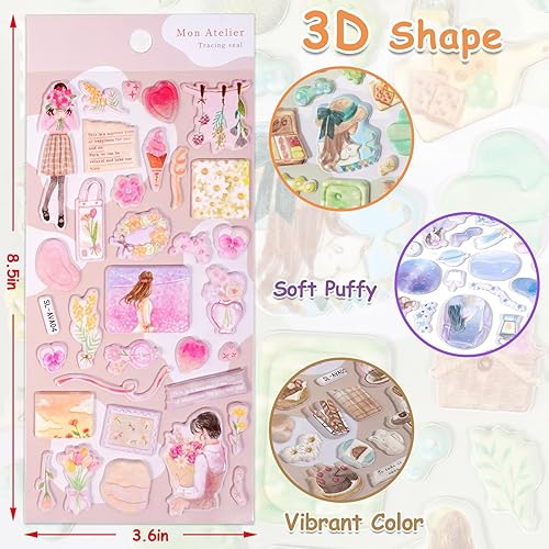 Miniatura 2 de Calcomanías estéticas retro hinchadas para niños, niñas y adultos, lindas calcomanías japonesas 3D para funda de teléfono, flor de hojaldre,