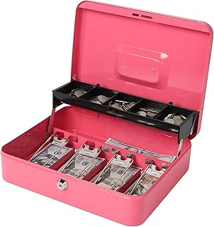 Jssmst Cash Box with Money Tray and Lock - Pink Cash Box with Key Lock Safe Money Box Large, Locking Register Drawer for M...