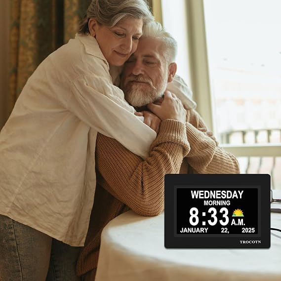 TROCOTN Dementia Clocks, Large Display Calendar Alarm Clock with Auto DST for Seniors, 5 Display Modes Large Font Digital Clock with Custom Alarms Day Date Clocks. (7 Inch Black)