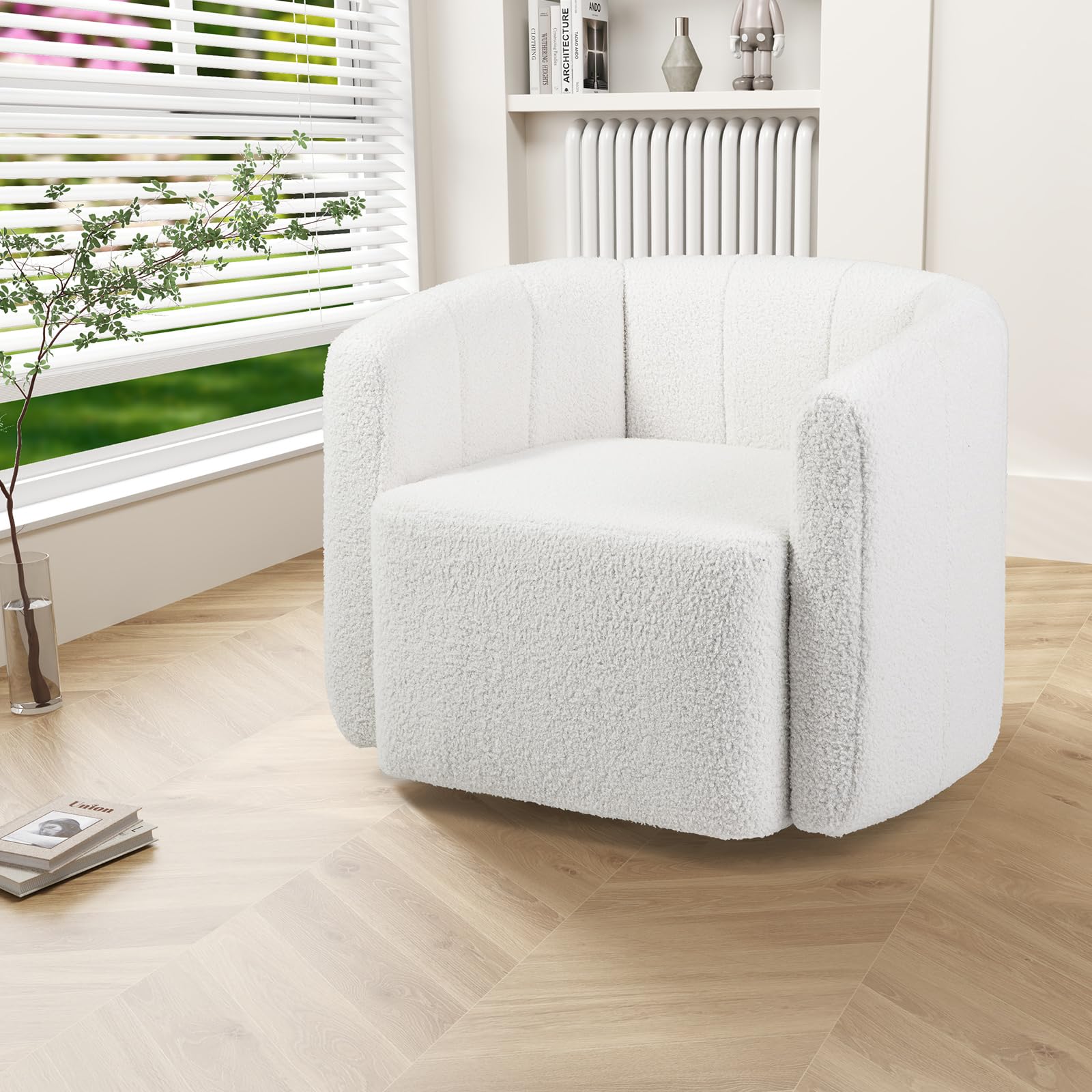 COSTWAY Sillón de Salón Giratorio 360°, Sillón para Leer Tapizado en Sherpa con Respaldo Curvado y Descansabrazos, Sillones Modernos de Salón con Forma de Calabaza para Sala de Estar, Dormitorio