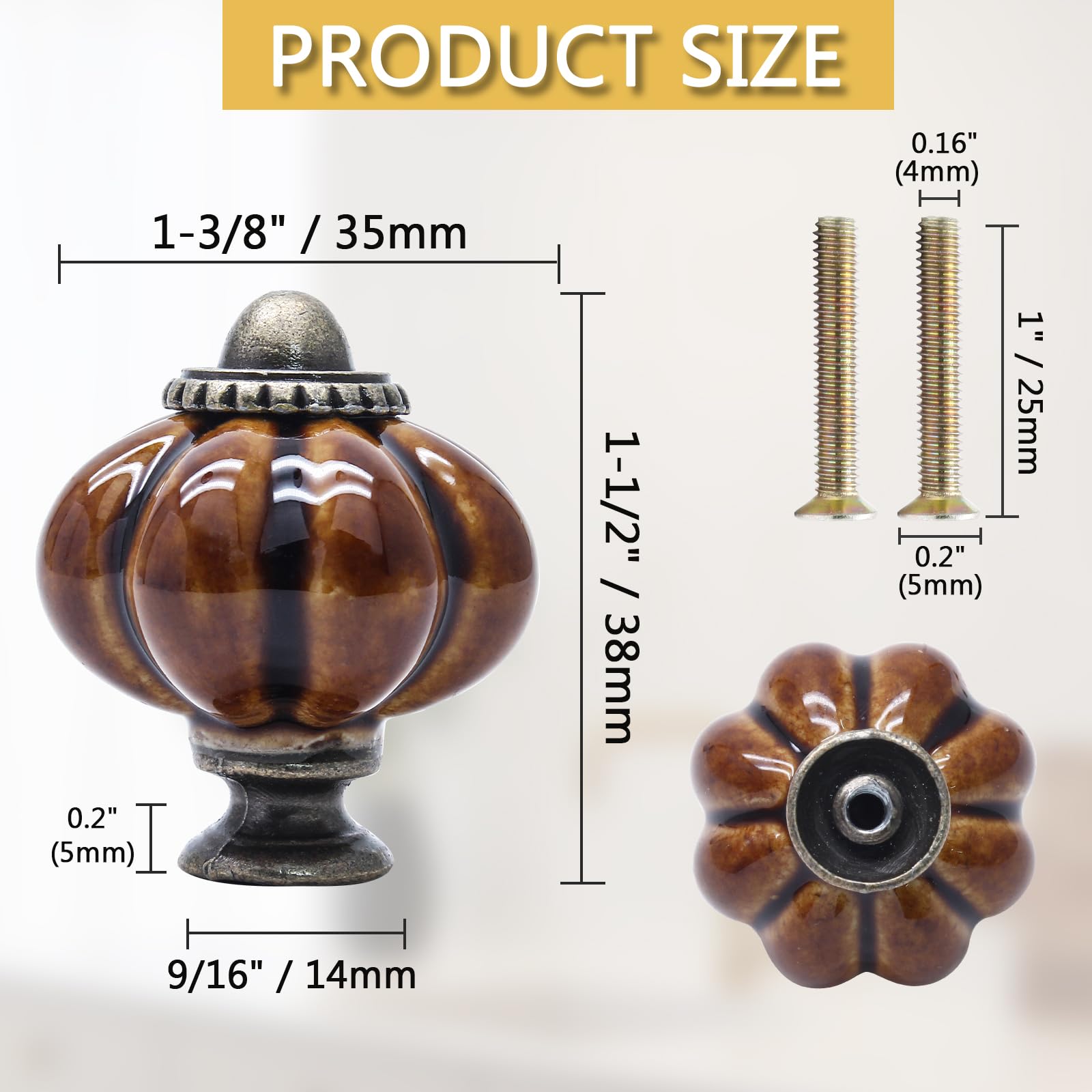Confezione da 12 pomelli in ceramica marrone a forma di zucca, per armadietti, cassettiere, vintage, per mobili da toletta e armadio