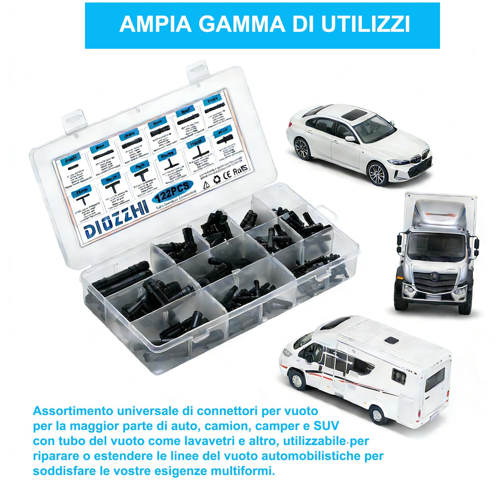 Kit assortito connettori per vuoto spinato auto 122 pezzi 12 misure nero