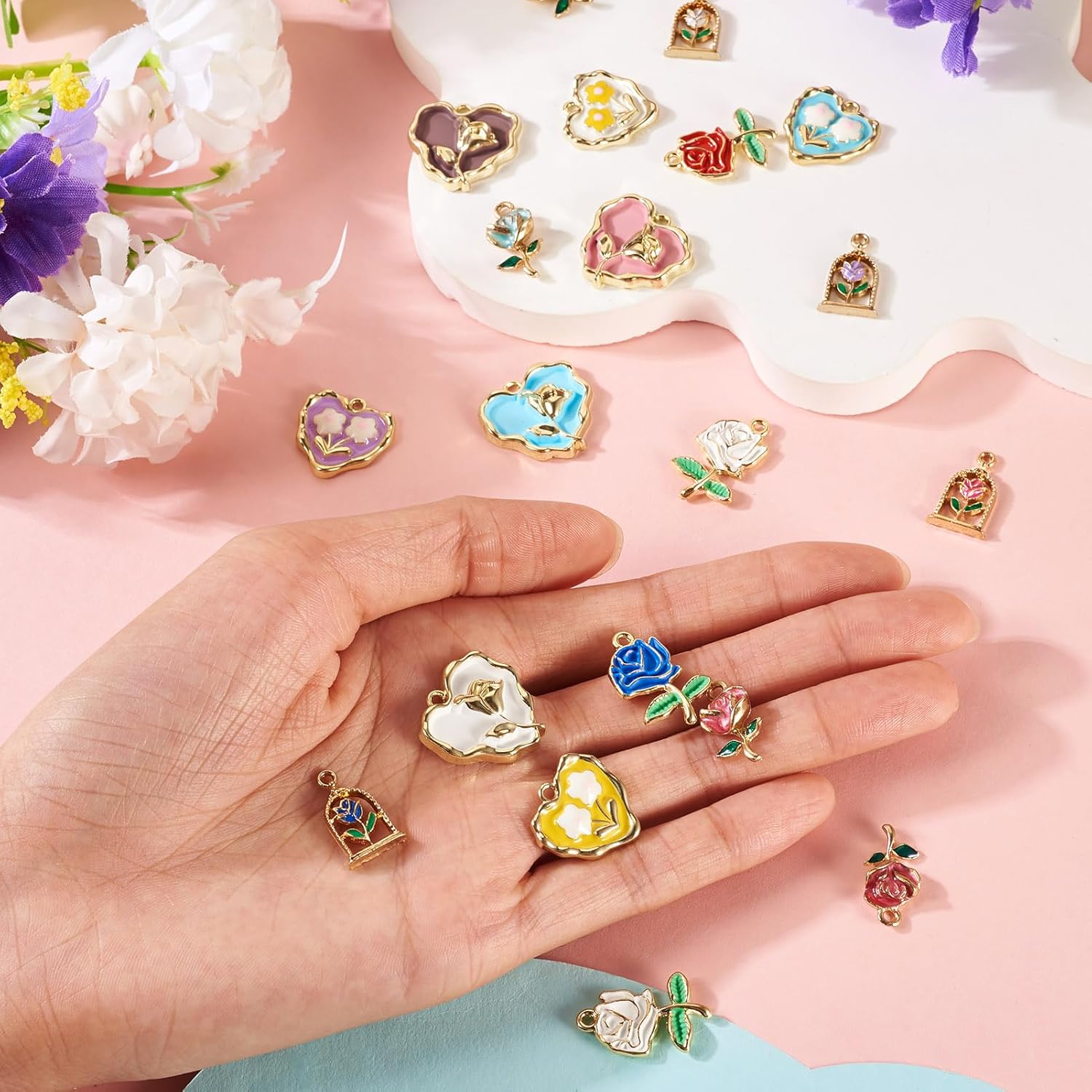 Craftdady Rose Flower Enamel Pendants Mini Love Heart Dangle Charms 20Pcs Heart with Flower Metal Charms for Valentines Day DIY Bracelets Earrings Jewelry Making-5 Styles - Image 5