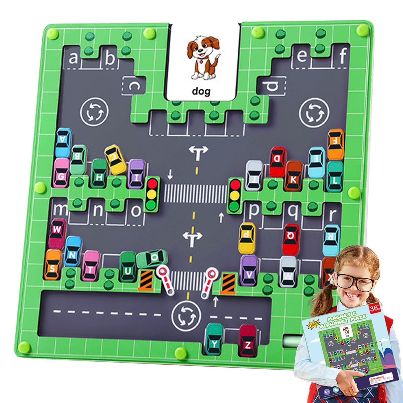 Magnetic Alphabet Maze – Parking Lot Theme Educational Maze Board | Early Learning Hand Eye Coordination Development Game For Boys Girls School Home Cognitive Skill Training Activity