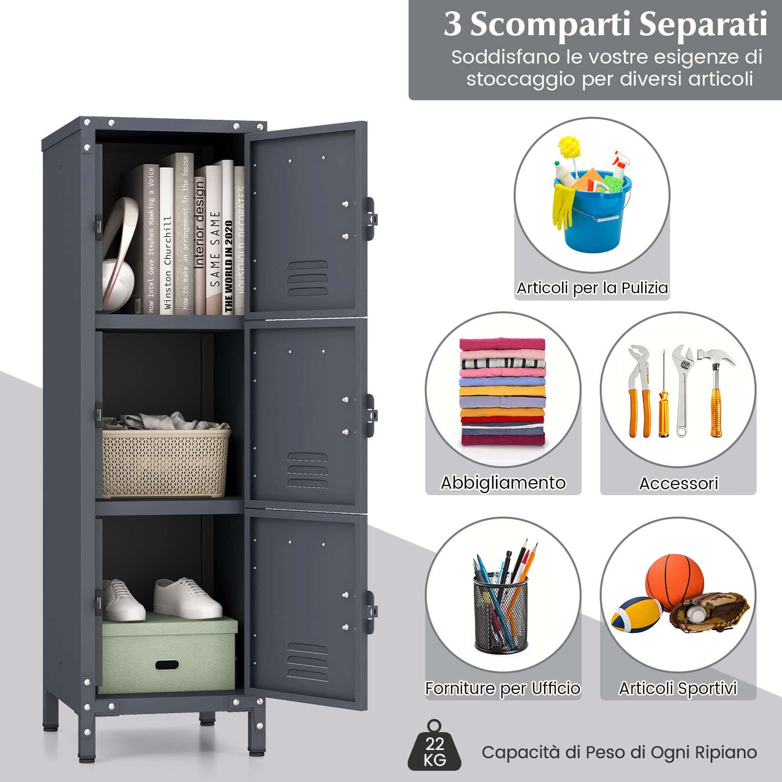 COSTWAY Armadio in Metallo con 3 Porte Chiudibili, Piedini Regolabili, Dispositivo Anti-Ribaltamento, Armadietto Verticale a 3 Ripiani per Casa, Ufficio, Scuola e Garage, 30 x 35 x 100 cm